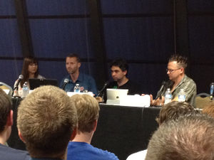 Veronica Belmont, Tom Merritt, Justin Robert Young and Brian Brushwood during the recording of this episode at Dragon-Con, in Atlanta, Georgia, August 31, 2012.